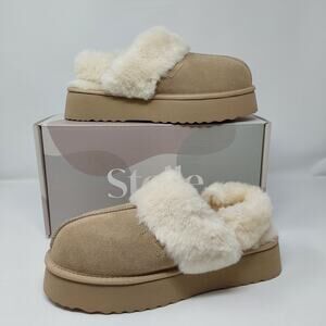 Stelle Plush Comfy Slippers Women Dune Beige Faux Fur Platform Slip-On Size 8